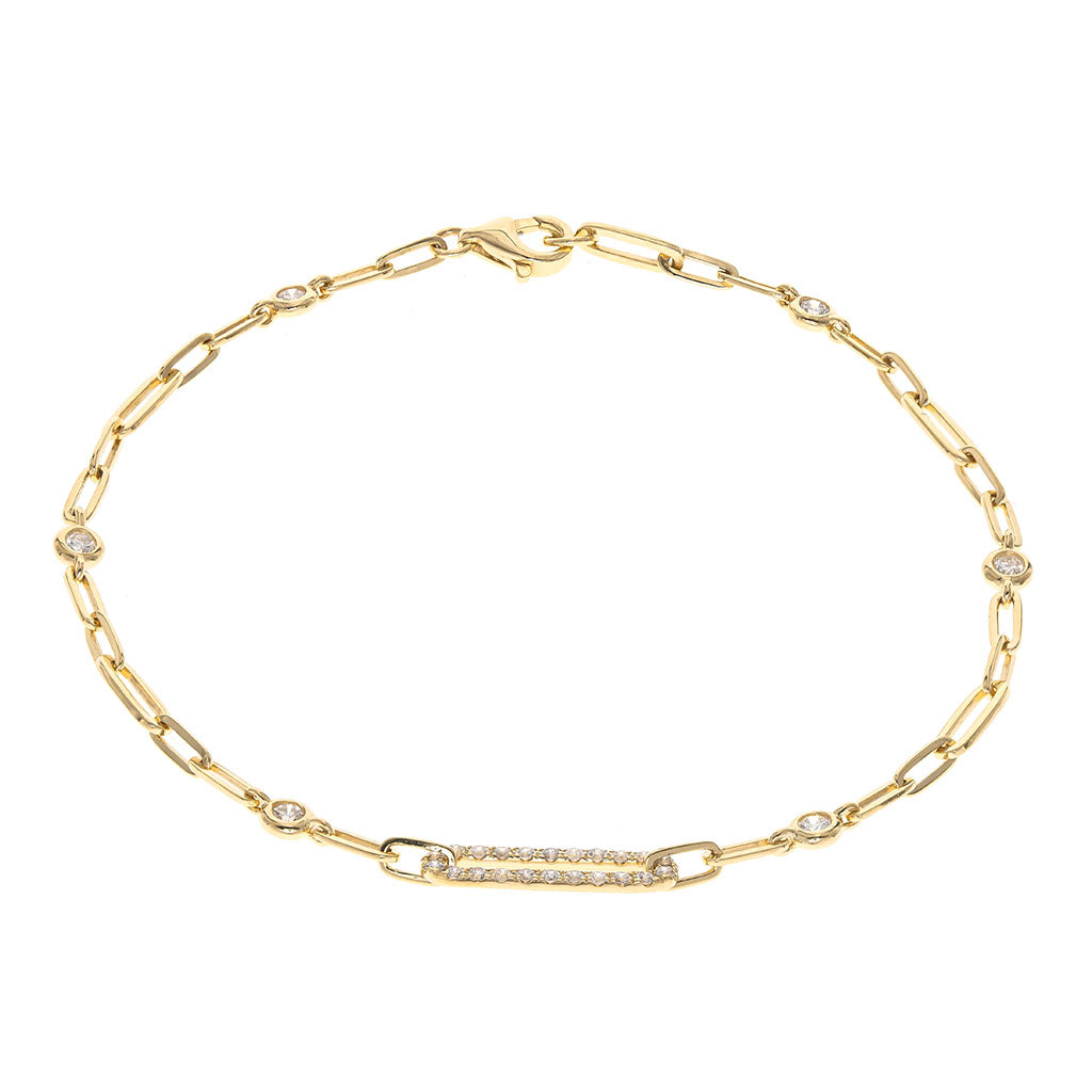 14K yellow gold paperclip link bracelet with bezel set diamonds and accented diamond link detail