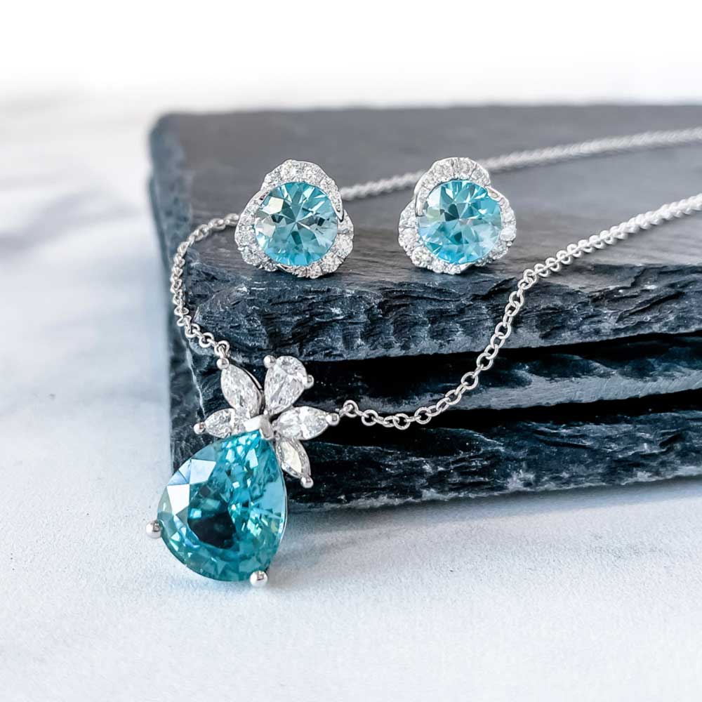 blue zircon diamond matching stud earrings and necklace