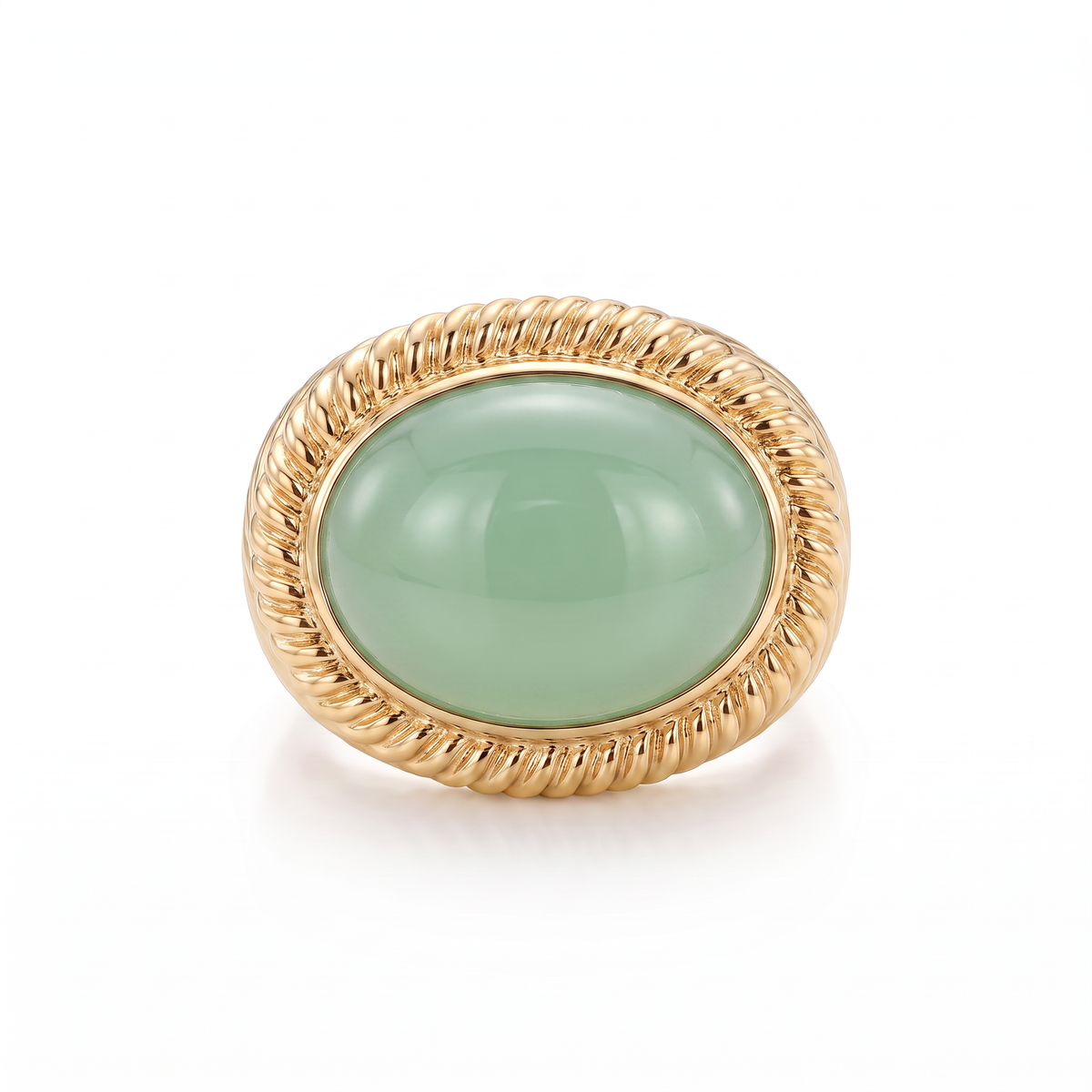 14K yellow gold oval chalcedony cabochon statement ring with a rope vintage-inspired bezel by Raymond Mazza