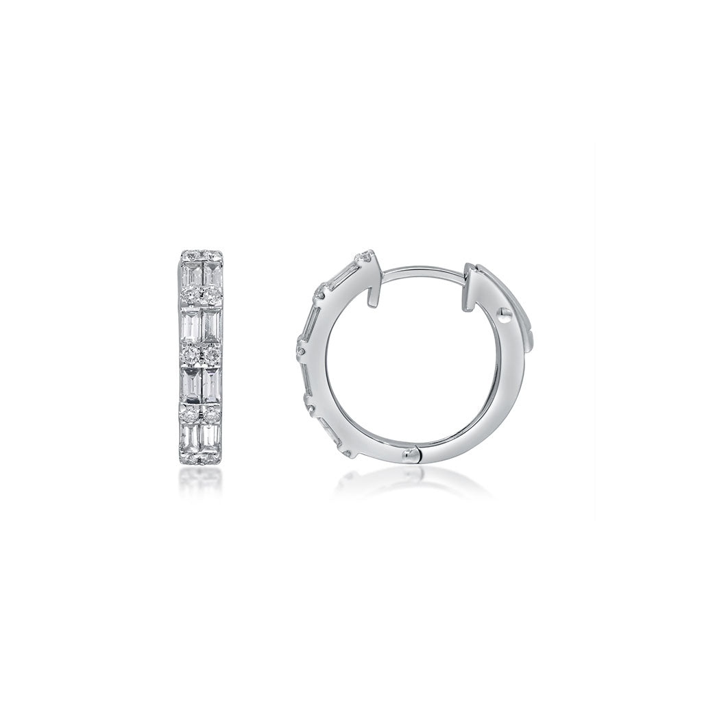 Pair of white gold hoop earrings with diamond baguette and rounds double row