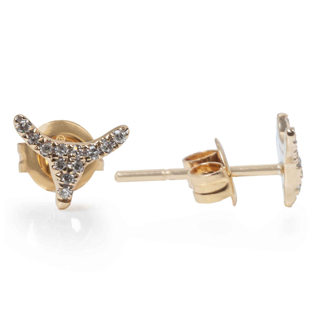 Diamond bull stud earrings in yellow gold with western inspired longhorn shape