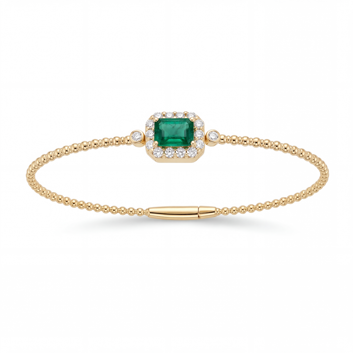 14K yellow gold beaded bangle with 1.00ct emerald center and round diamond halo