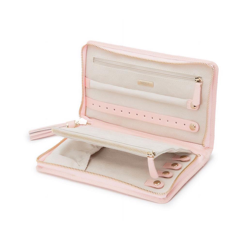 Pink leather with cream interior jewelry travel storage