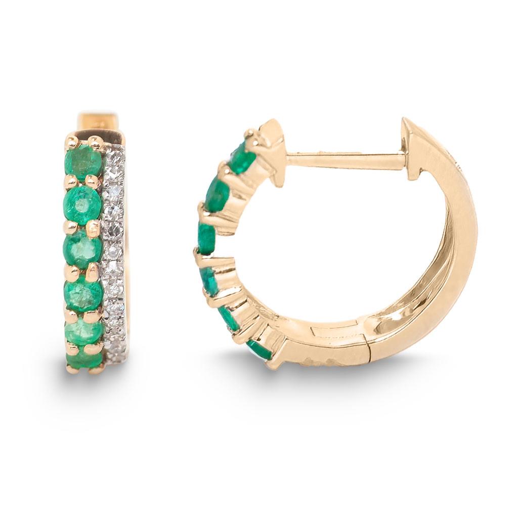 Emerald and diamond double row huggie hoops in yellow gold
