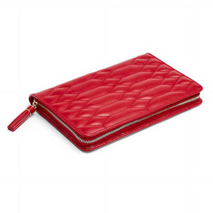 Red quilted leather jewelry travel wallet with zipper closure