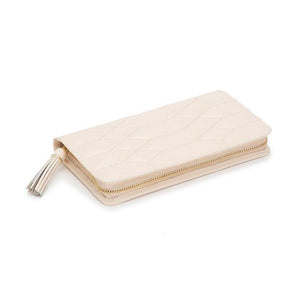 Ivory quilted leather jewelry travel wallet with zipper closure
