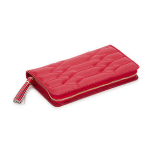 Red quilted leather jewelry travel wallet with zipper closure