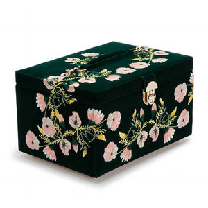 Velvet green jewelry storage box with floral embroidery