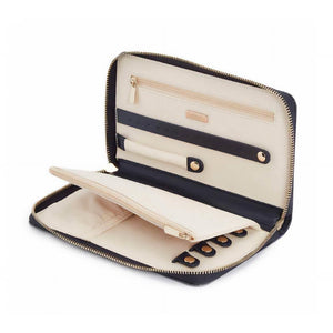 Navy leather with cream interior jewelry storage travel case