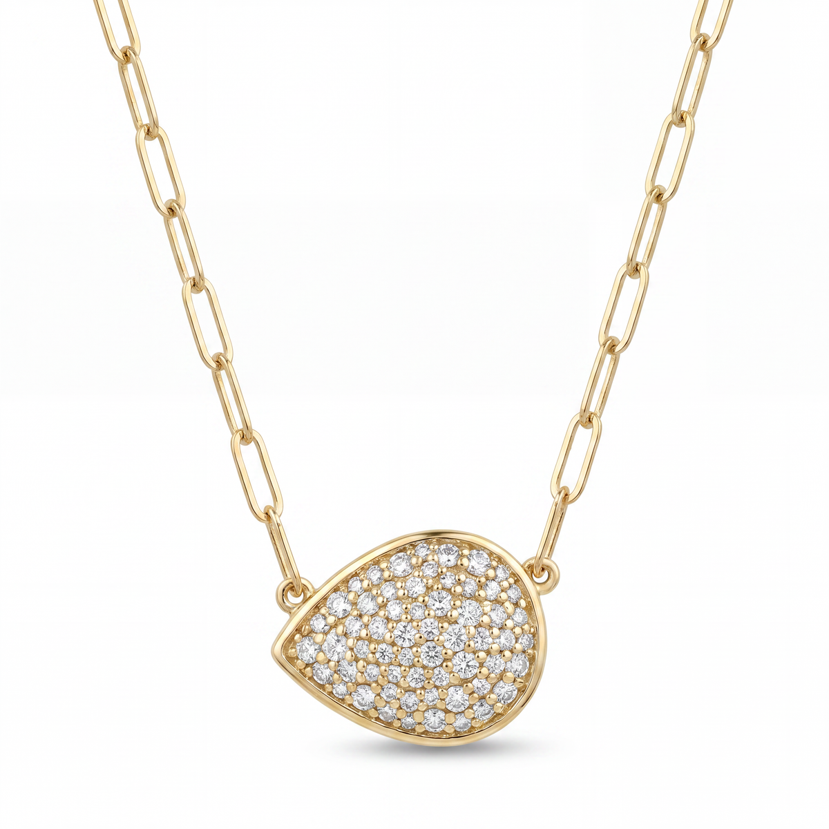 14K yellow gold diamond pavé pear pendant necklace with 18-inch paperclip chain by Raymond Mazza