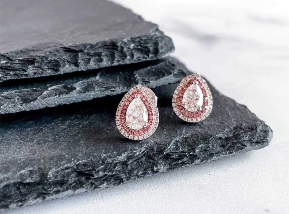diamond pear halo pink diamond studs