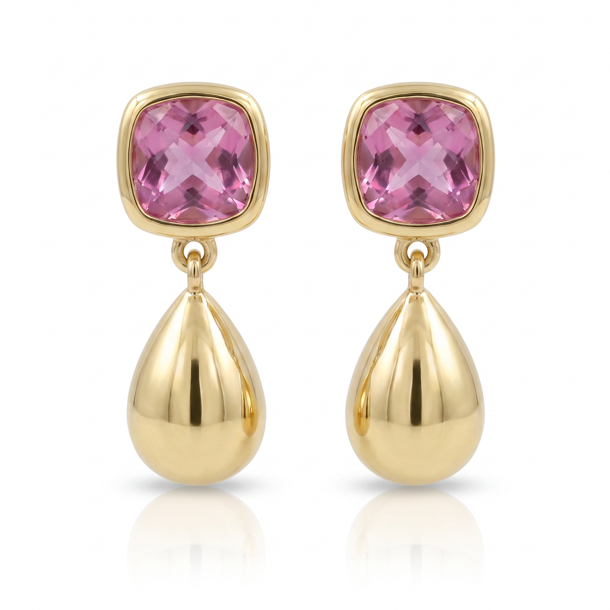 14K yellow gold pink topaz dangle earrings featuring cushion-cut pink topaz and polished pear-shaped gold drops by Raymond Mazza.