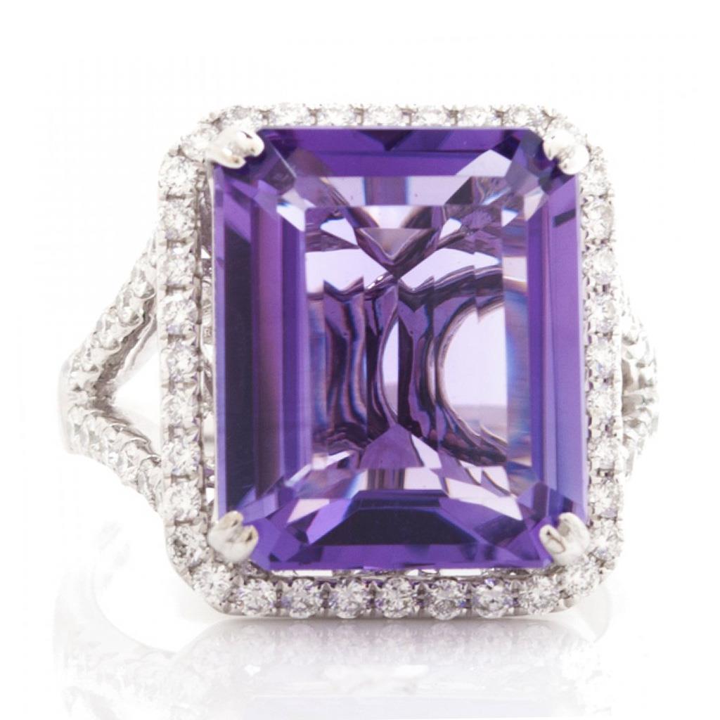 Amethyst Ring diamond halo at Victoria Jones Jewelry