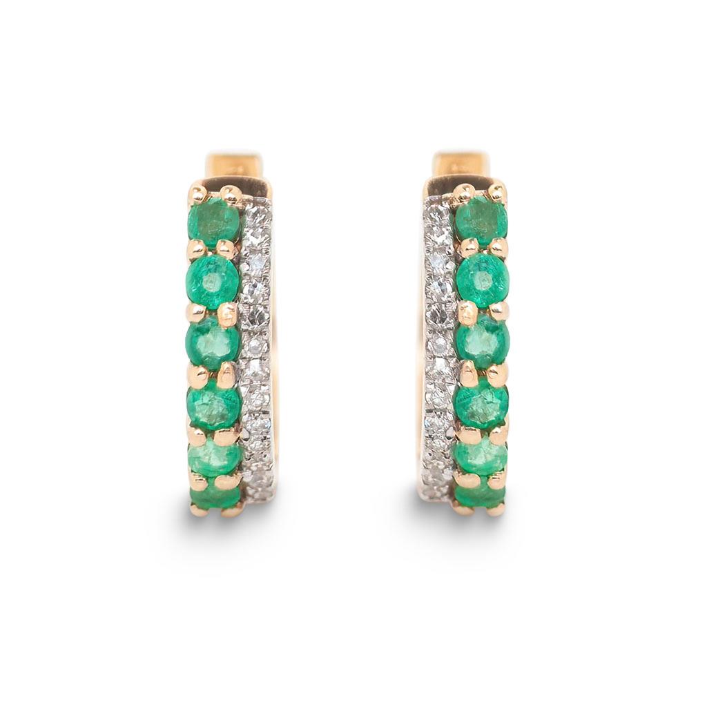 Emerald and diamond double row huggie hoops in yellow gold