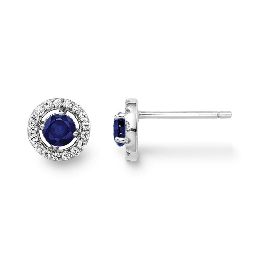 blue sapphire and diamond halo stud earrings in white gold