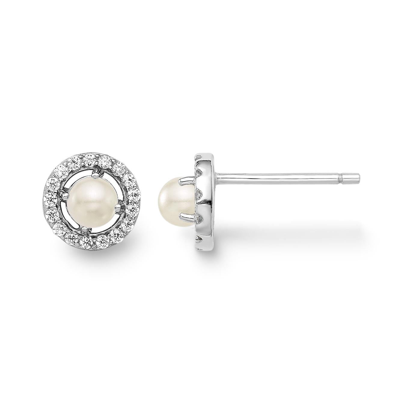 pearl and diamond halo earrings in white gold