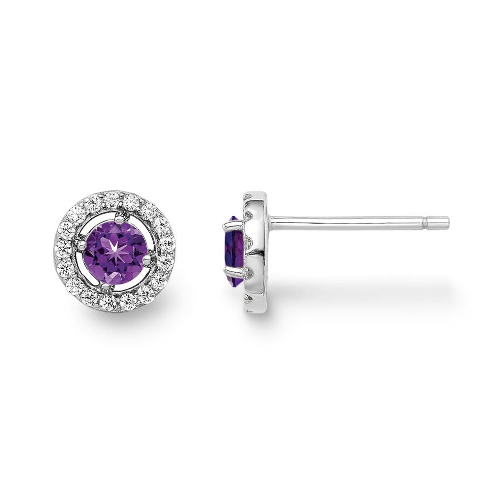 Amethyst diamond halo stud earrings in white gold