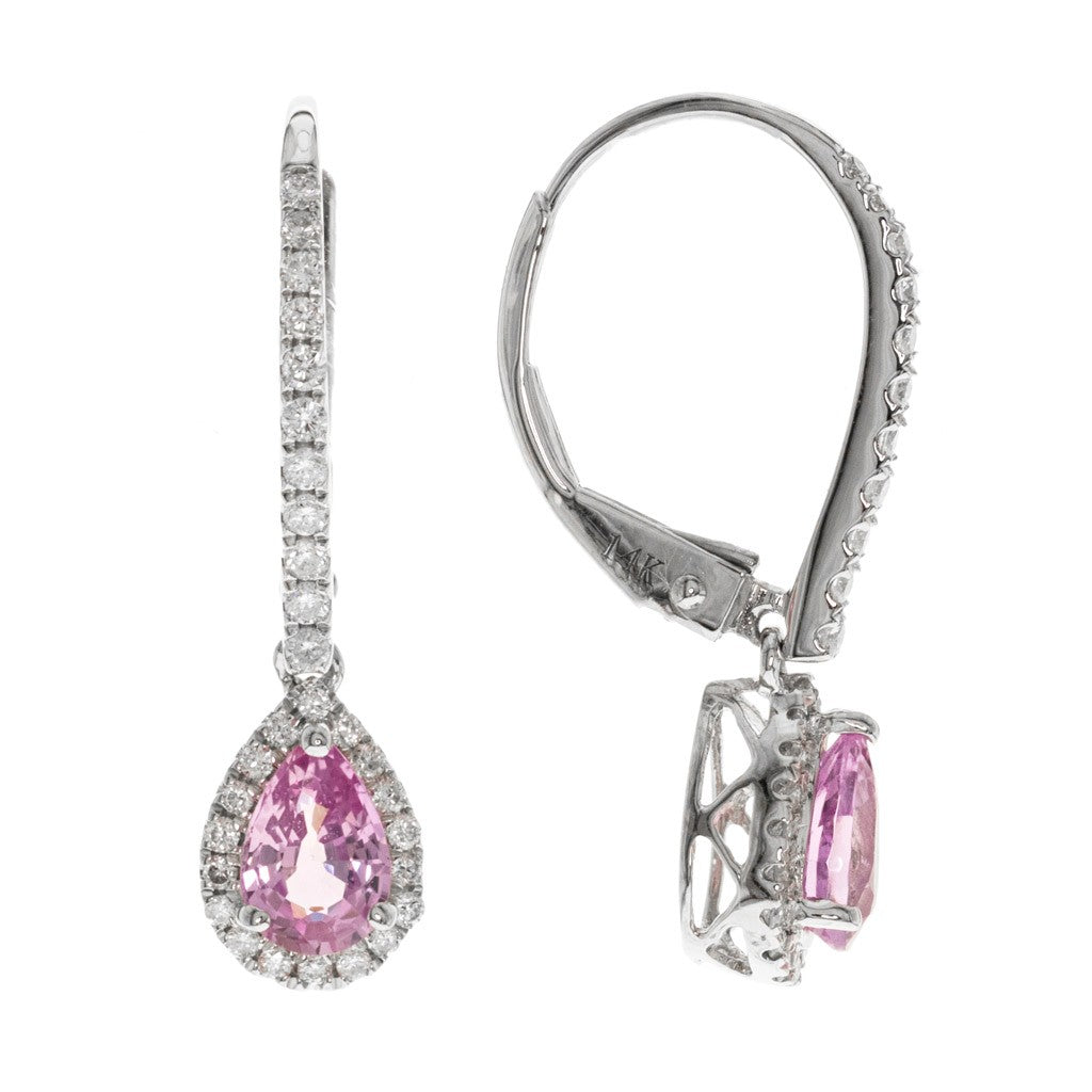 Pear pink sapphire diamond halo dangle earrings at Victoria Jones Jewelry