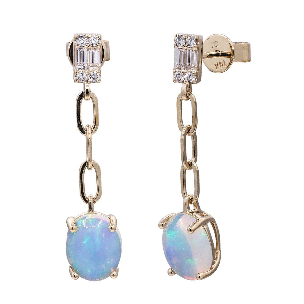 Opal chain link dangle earrings with baguette diamond rectangle shape tops in 14k yellow gold