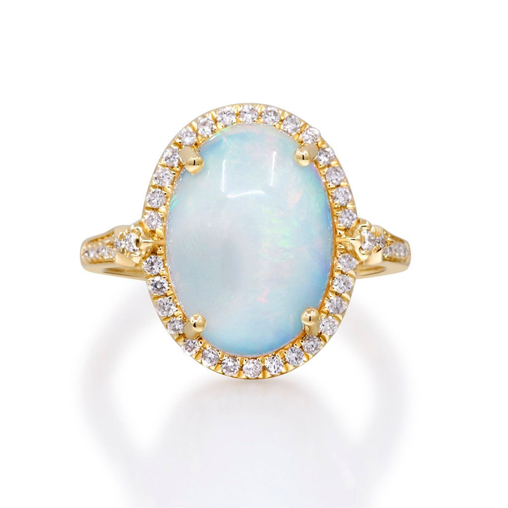 Opal Diamond halo yellow gold ring