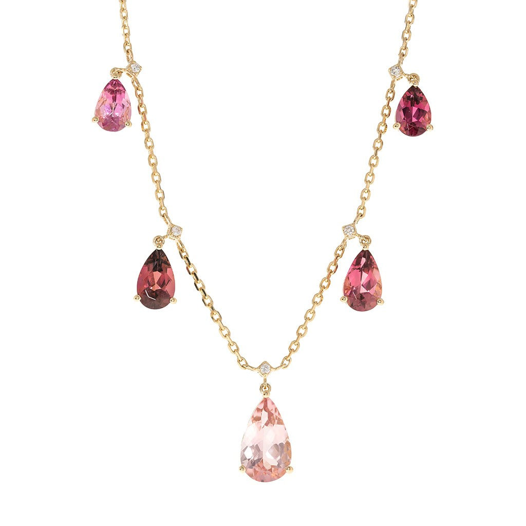 five pear pink tourmaline drop necklaces in 14k yellow gold with diamond stations