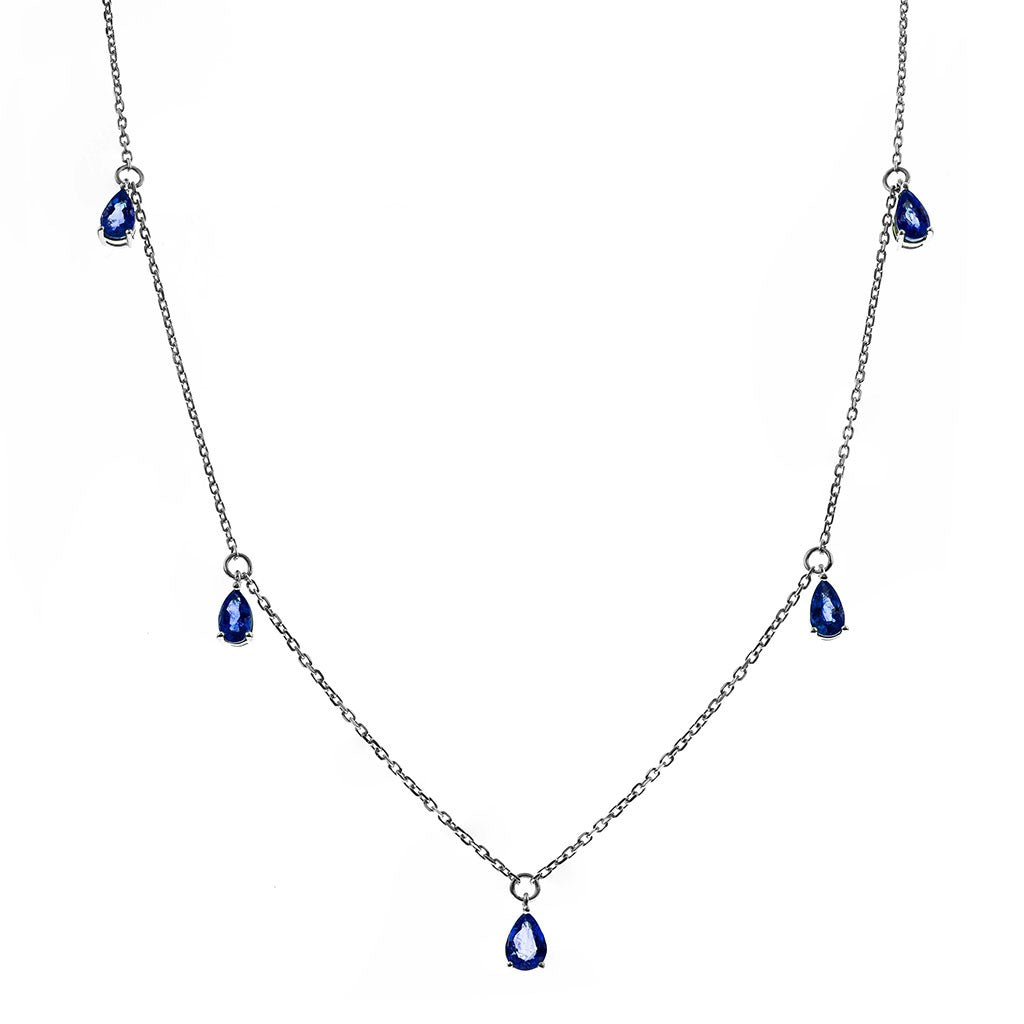 Pear blue sapphire dangle necklace at Victoria Jones Jewelry