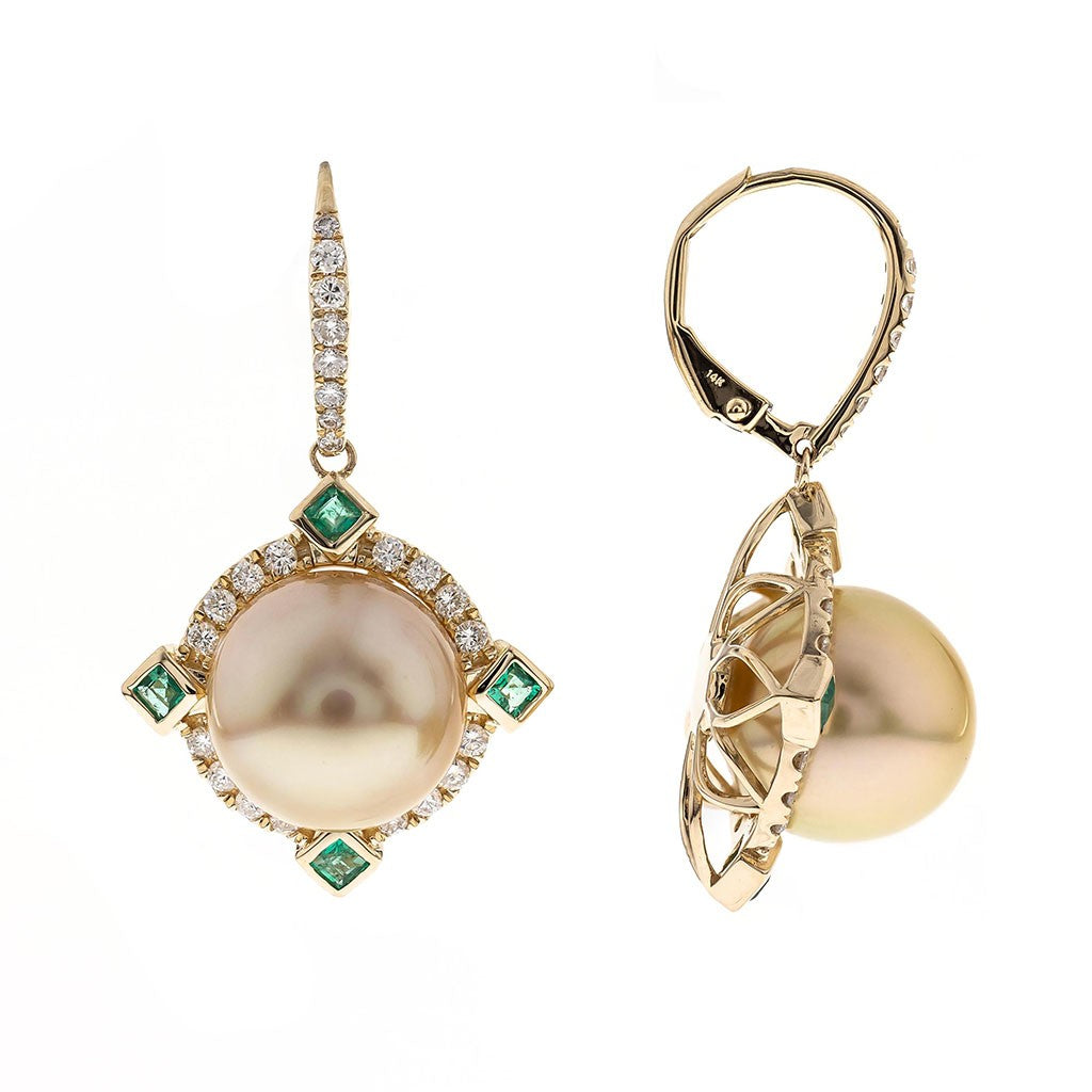 golden pearl drops with square emerald and diamond halo with lever hoop earrings in 14k yellow gold