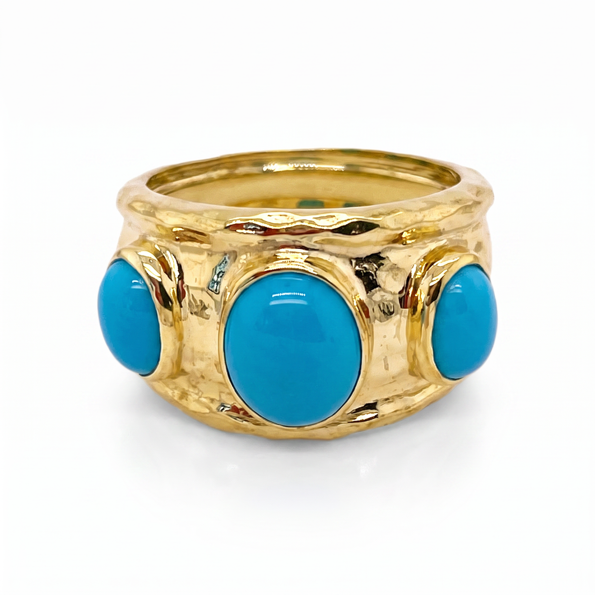 14K yellow gold wide ring featuring three oval Persian turquoise gemstones and a hammered finish by Raymond Mazza.