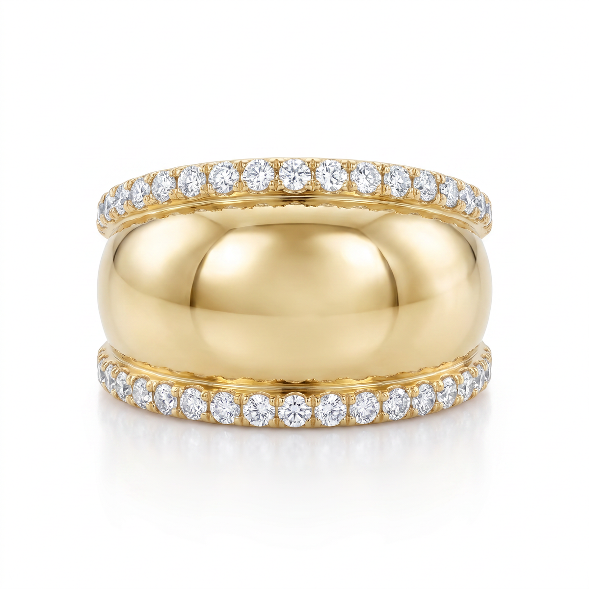 Raymond Mazza 14K yellow gold wide diamond band featuring a smooth polished finish and side-set round diamonds.