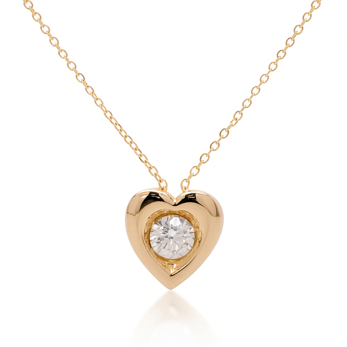 14K yellow gold heart pendant necklace featuring a round diamond and an 18-inch cable chain