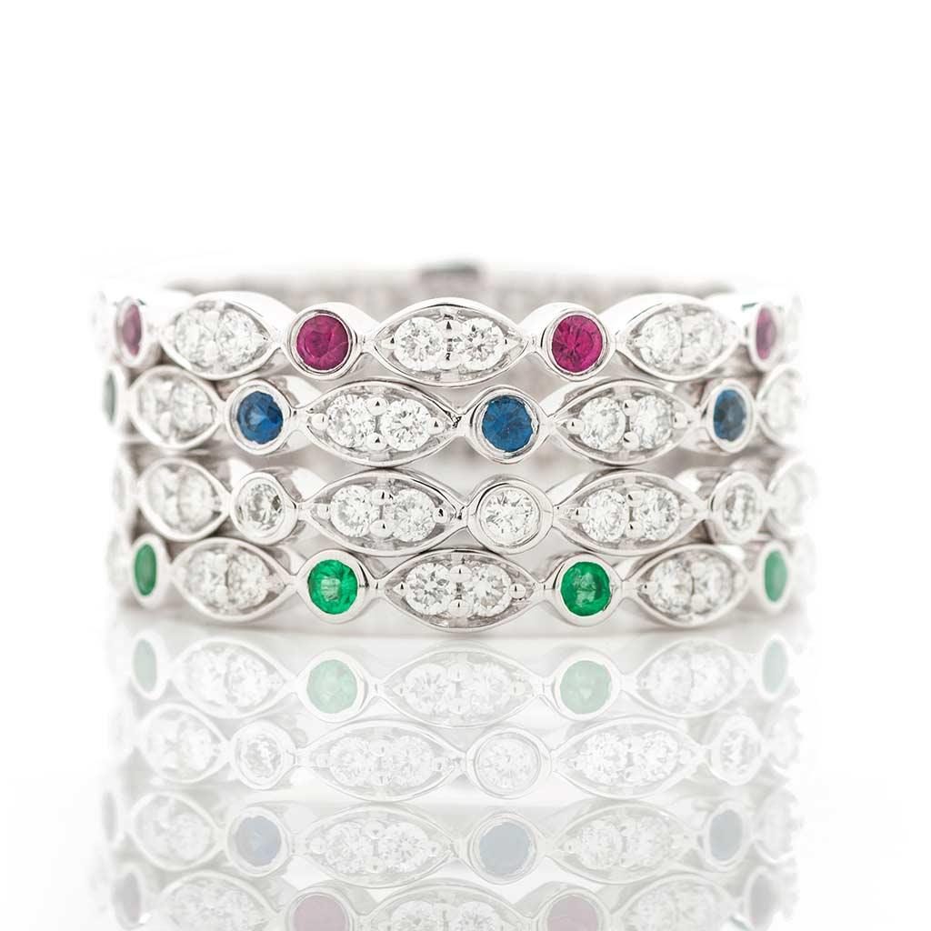 Illusion marquise diamond and birthstone stacker rings in white gold