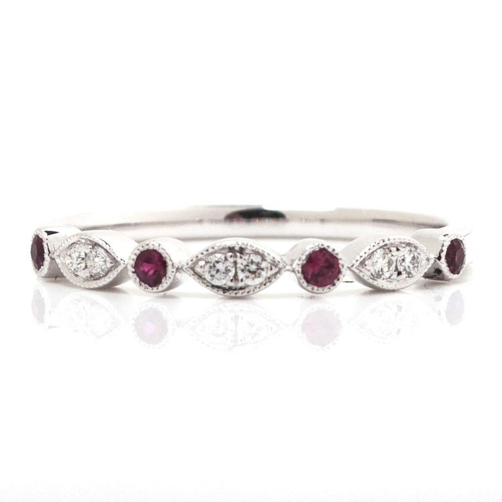 Illusion marquise diamond and ruby stacker ring in white gold