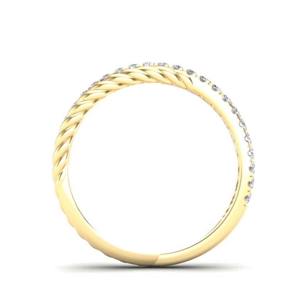 side view of diamond cross over and twisted cable ring in yellow gold