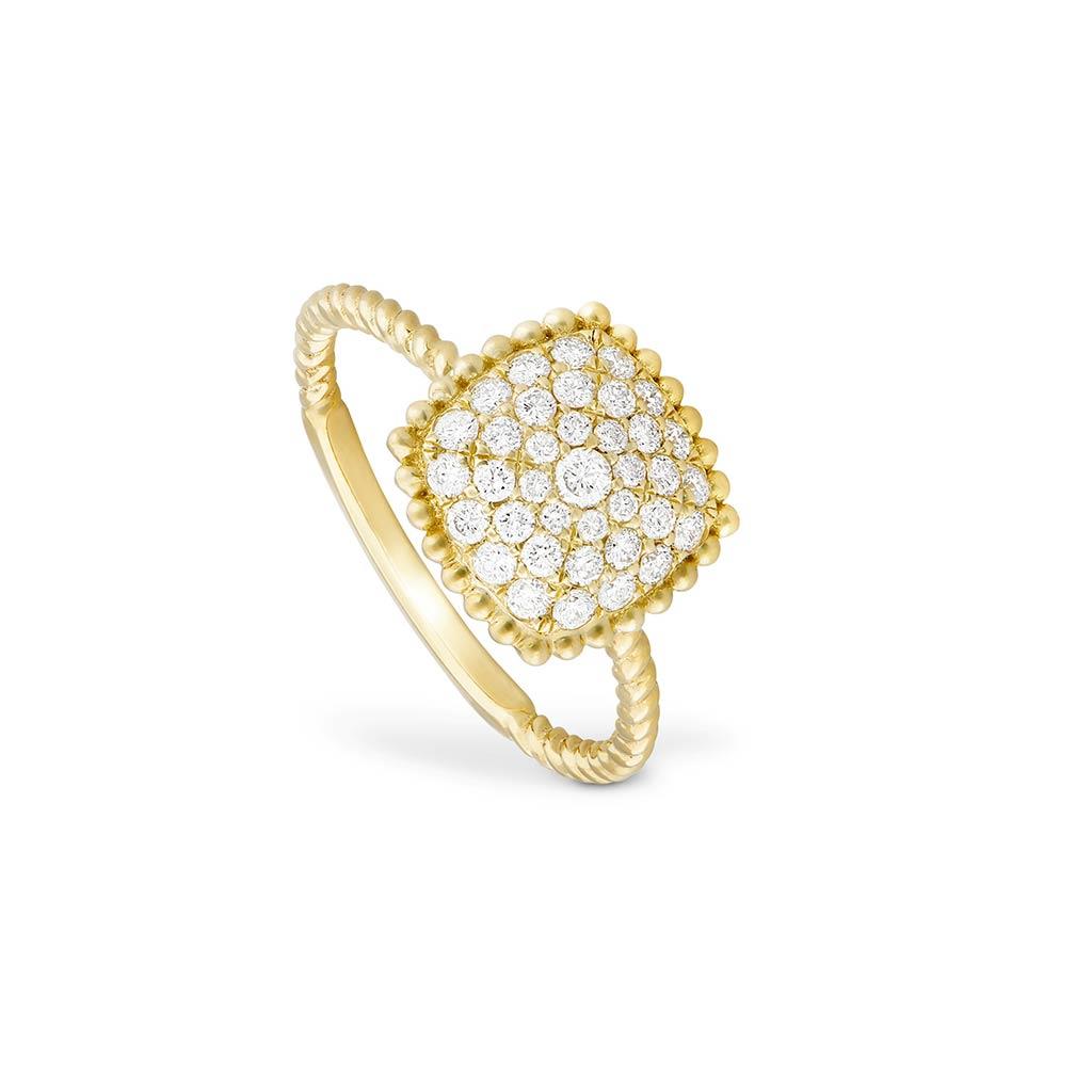 Piero Milano Dot pave diamond yellow gold cushion shaped ring with cable shank