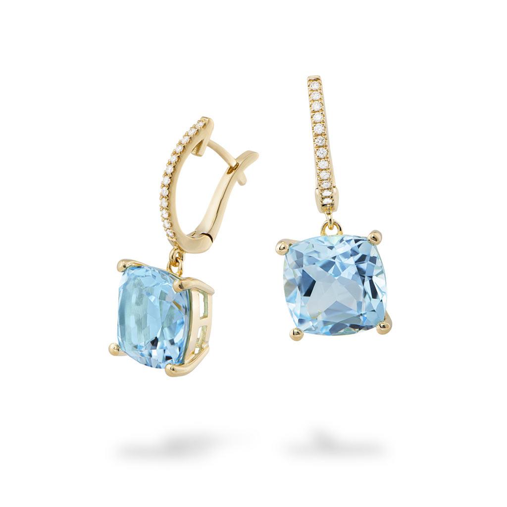Piero Milano blue topaz cushions with diamond huggie earrings in yellow gold