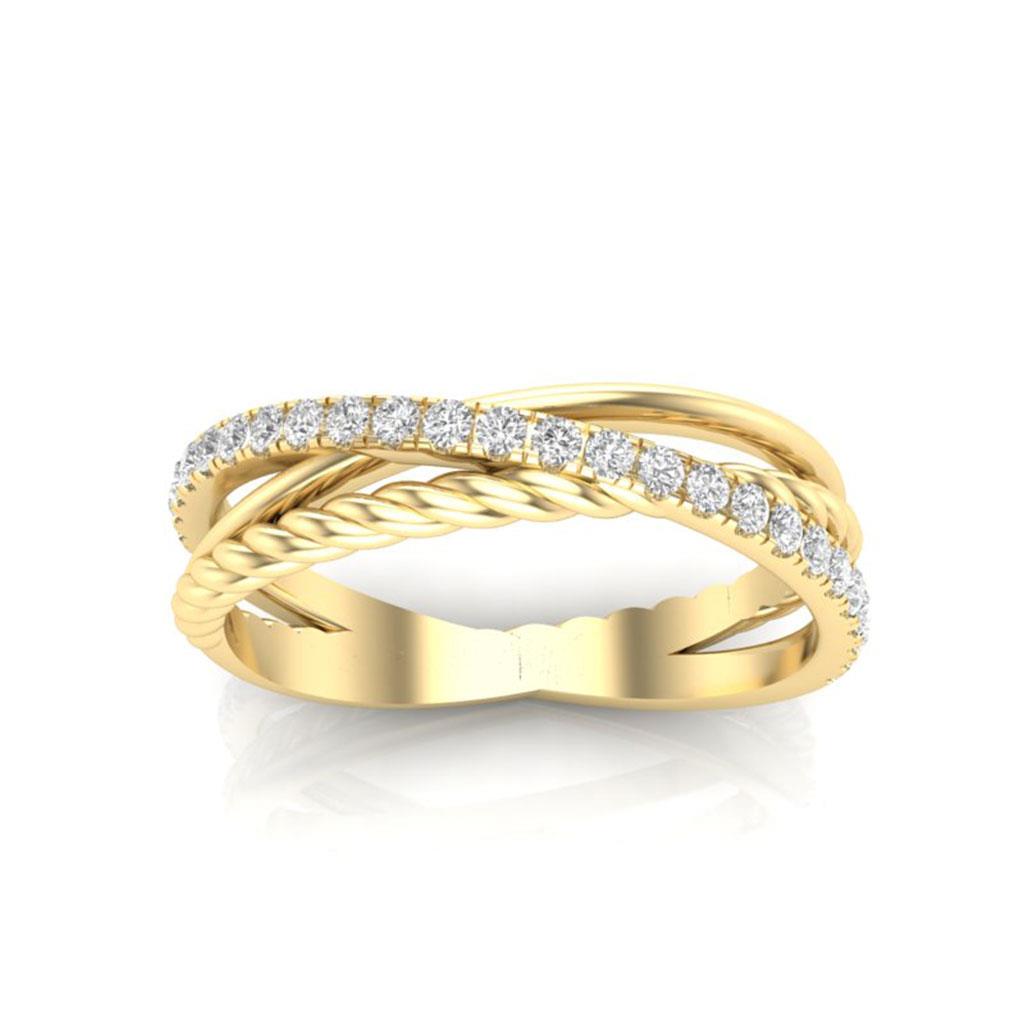 diamond cross over and twisted cable ring in yellow gold