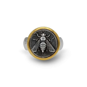 two toned bee emblem coin ring