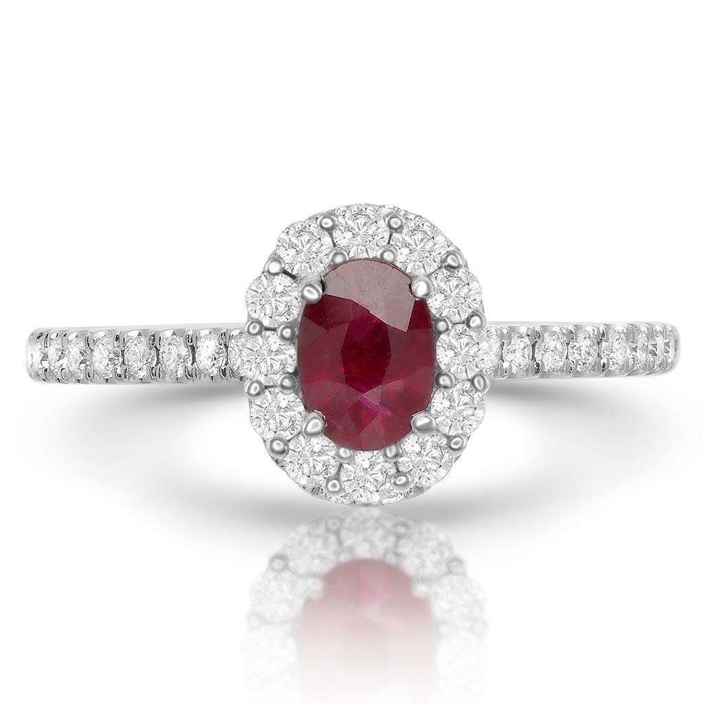 Oval Ruby halo diamond ring in white gold