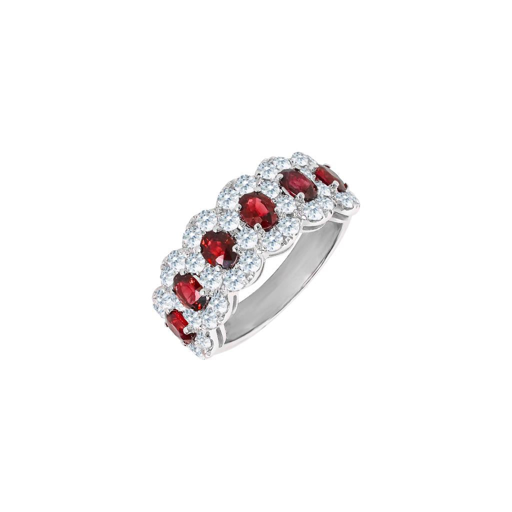 Oval 6 ruby halo diamond ring in white gold