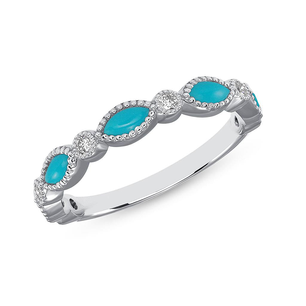 Turquoise Marquise and diamond milgrain bezels ring in white gold