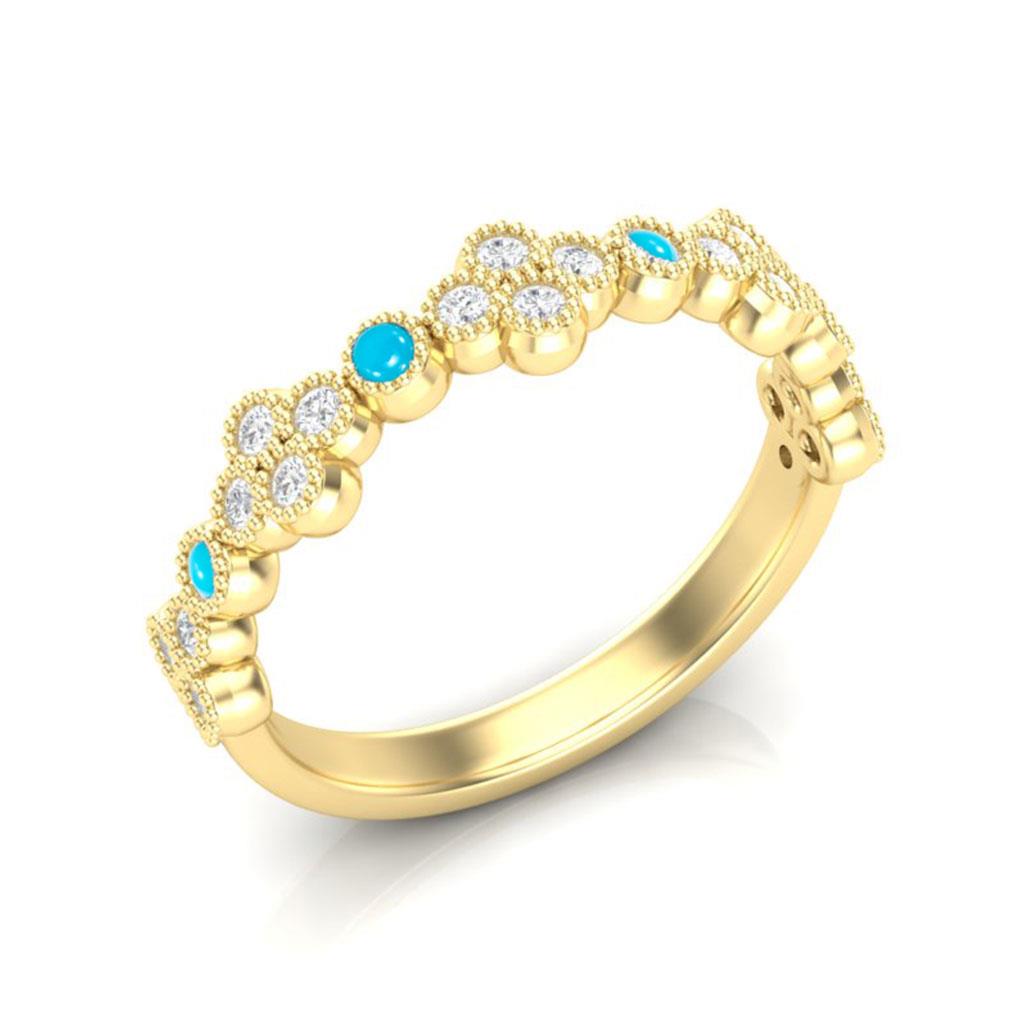 Turquoise and diamond milgrain bezels ring in yellow gold