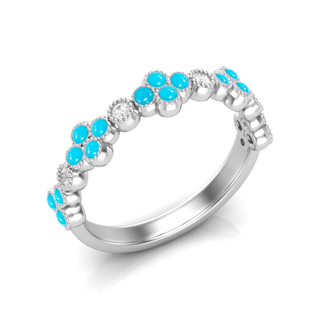 Turquoise and diamond milgrain bezels ring in white gold