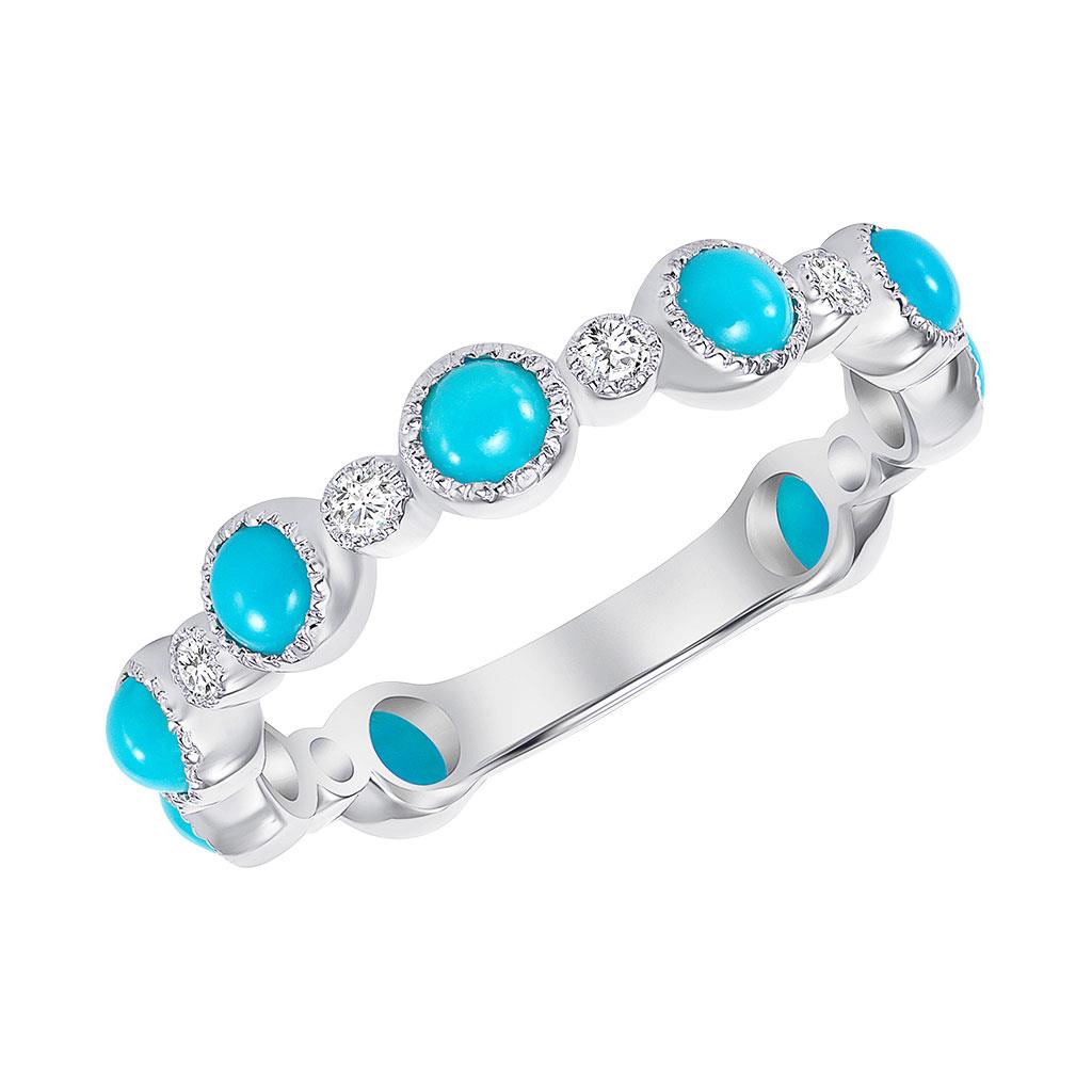 Turquoise and diamond milgrain bezels ring in white gold