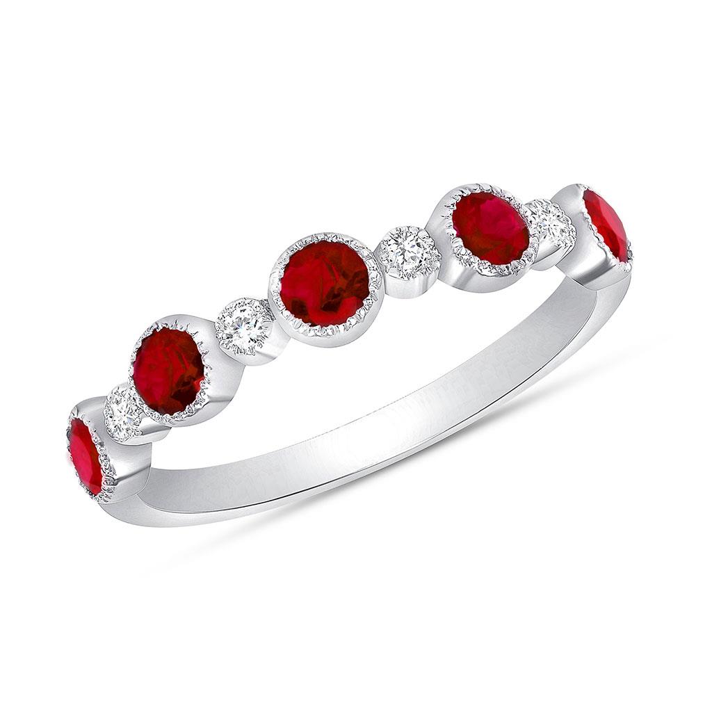 Ruby and diamond alternating milgrain bezel ring