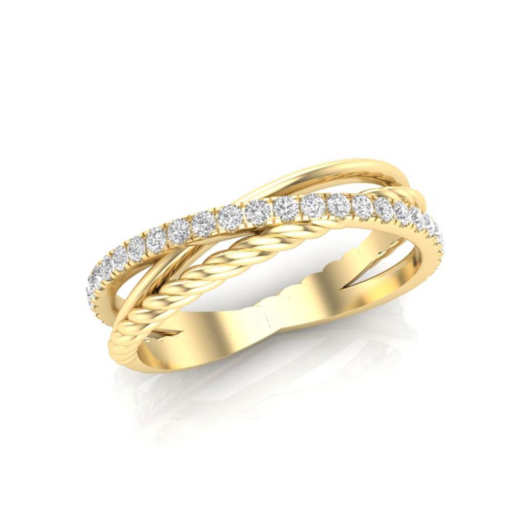 diamond cross over and twisted cable ring in yellow gold