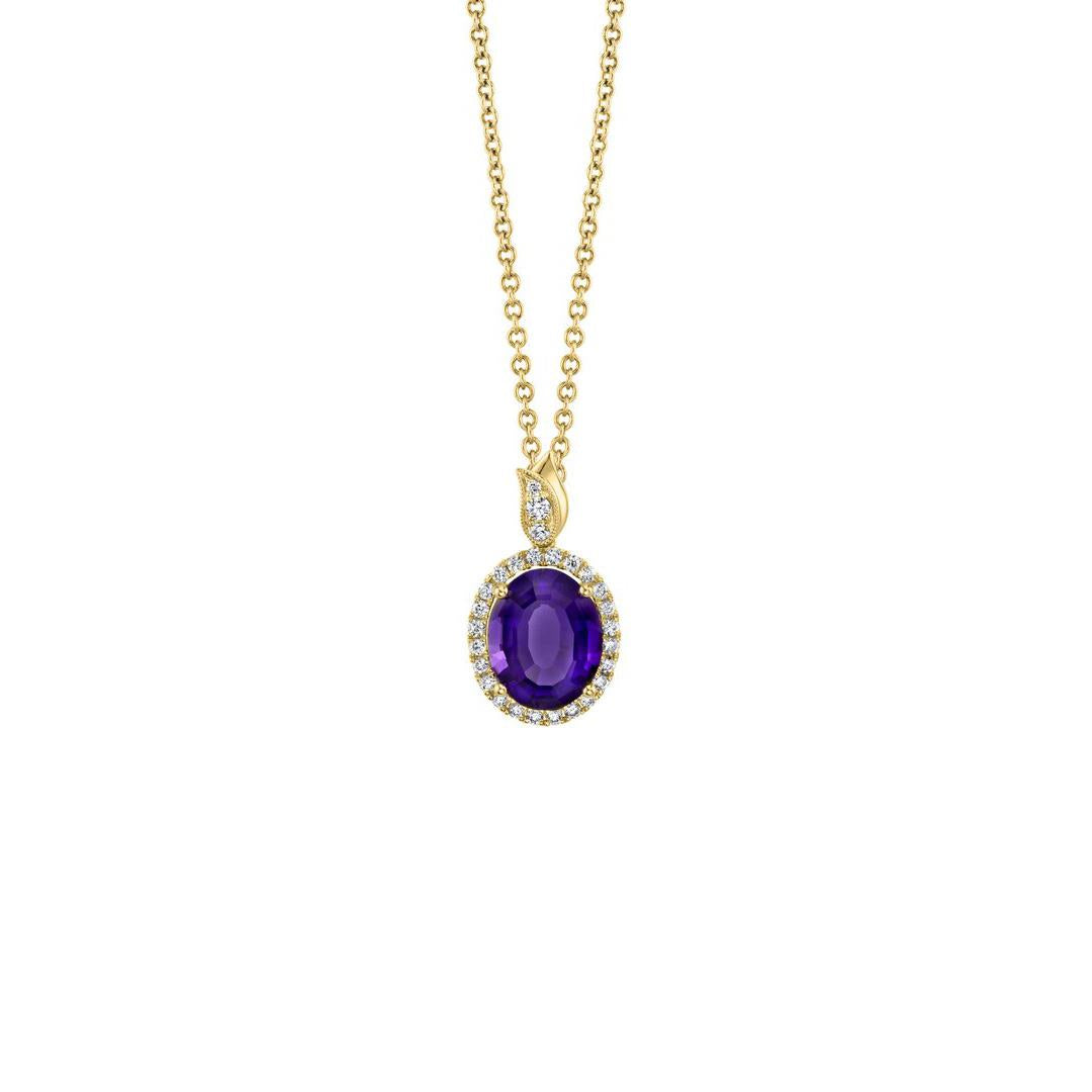 amethyst and diamond halo pendant necklace in yellow gold