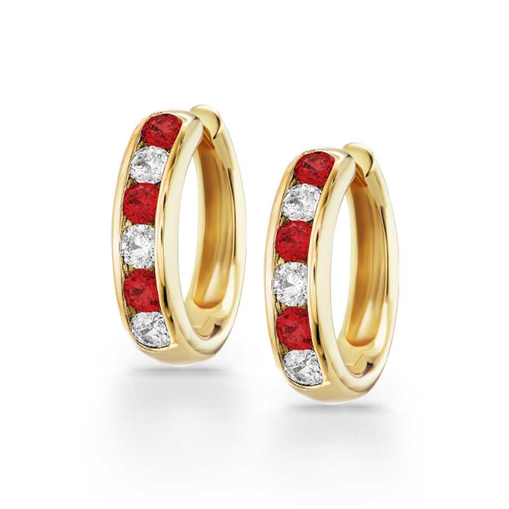 Ruby and diamond channel set yellow gold huggie earrings