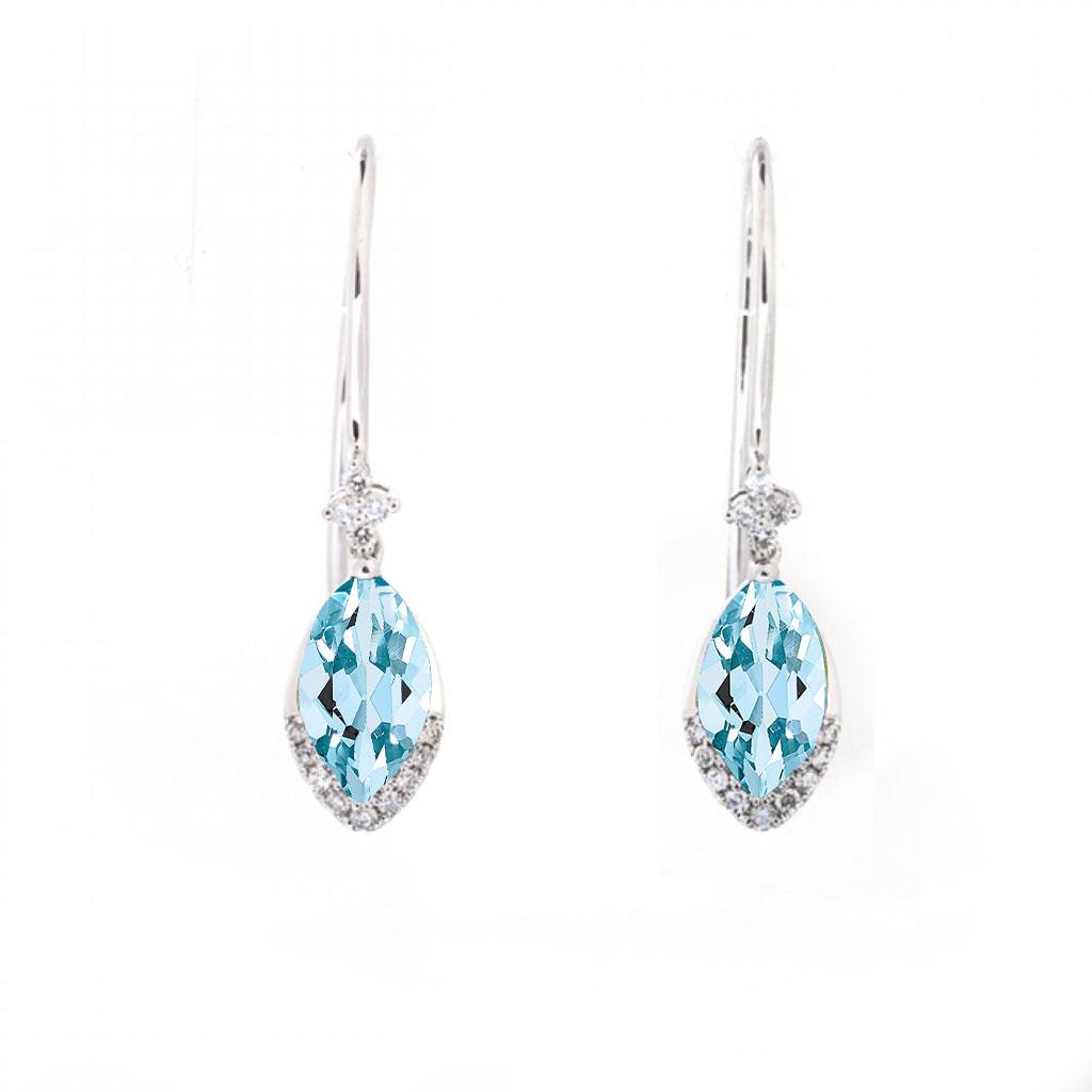 Marquise blue topaz diamond drop earrings in white gold