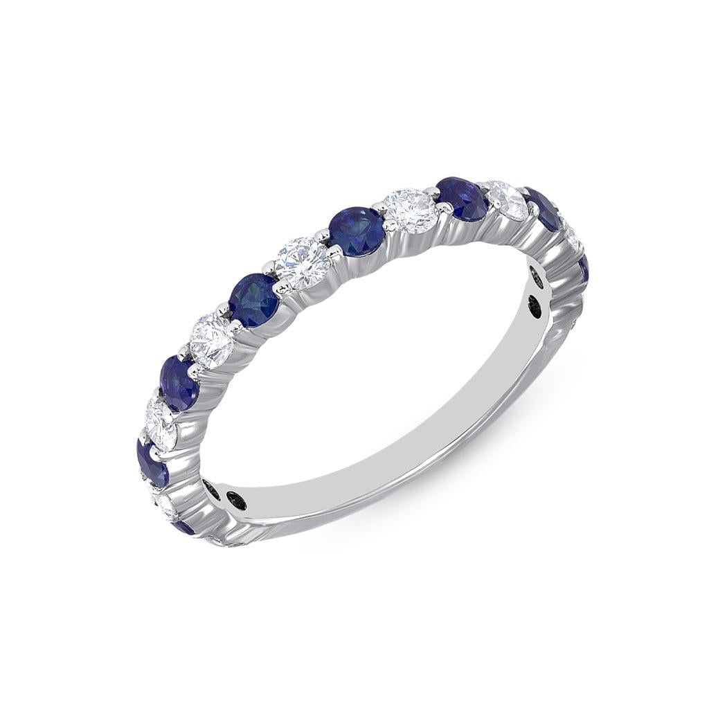 Alternating blue sapphire and diamond round band in white gold