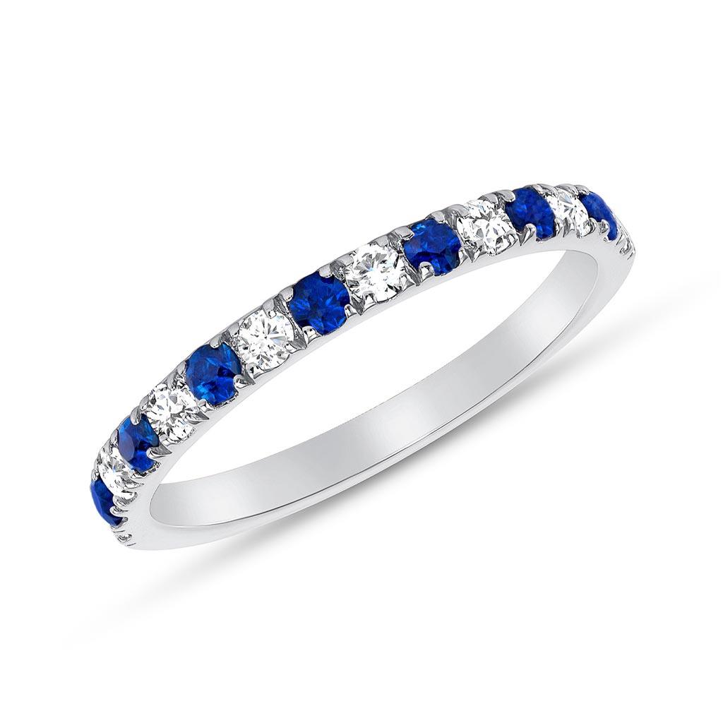 Alternating blue sapphire and diamond band in white gold 